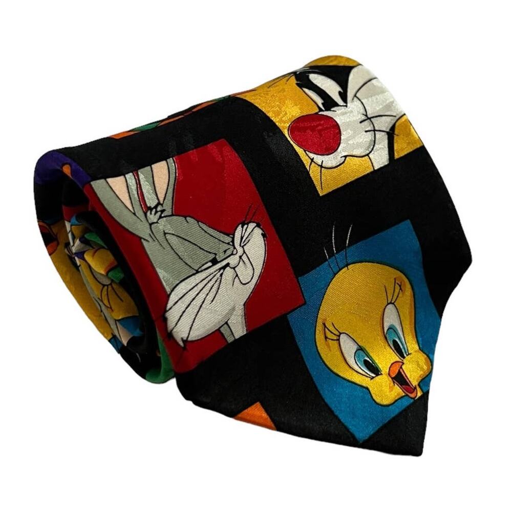 Looney Tunes Mania Vintage Black Geometric Tweety Bugs Daffy Novelty Tie